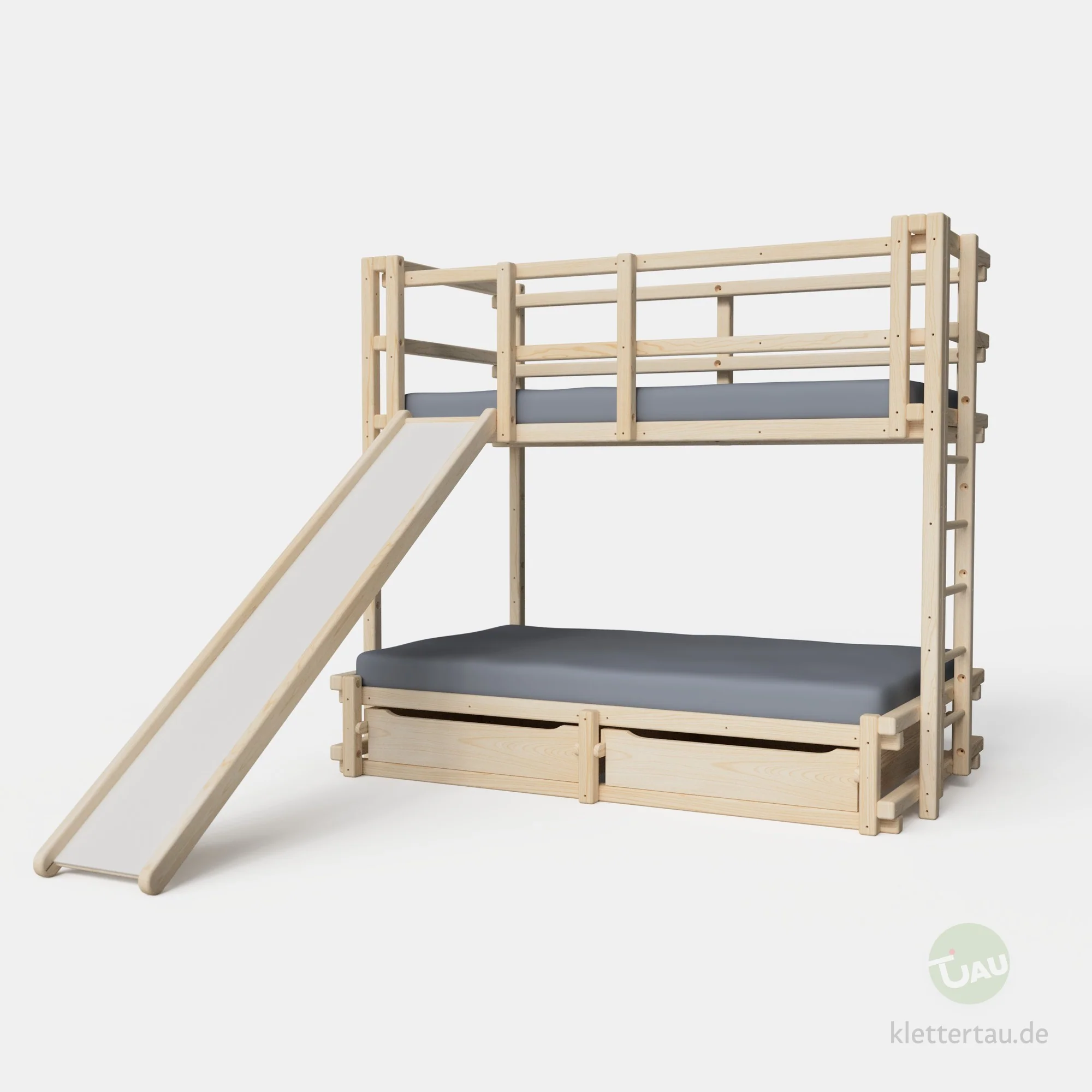Hochbett über Doppelbett mit Rutsche